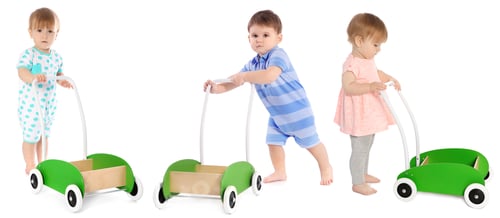 Preview: Children with toy walker on white background. Collection of portraits