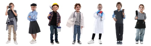 Preview: Choice of profession. Cute children in different clothes representing various occupations. Collage o