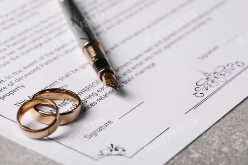 Preview: Marriage contract, fountain pen and golden wedding rings on grey table, closeup