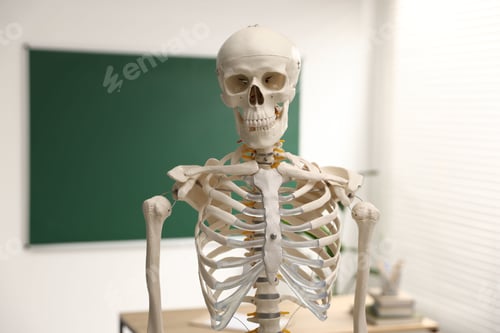 Preview: Human skeleton model in classroom, closeup. Anatomy lesson