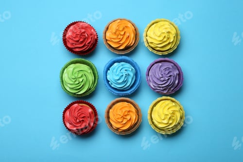 Preview: Many tasty cupcakes with bright cream on light blue background, flat lay