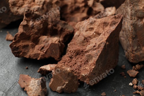 Preview: Chocolate chunks on dark grey textured background, closeup