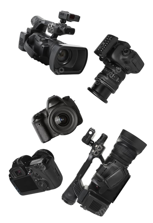 Preview: Photo and video cameras flying in air on white background