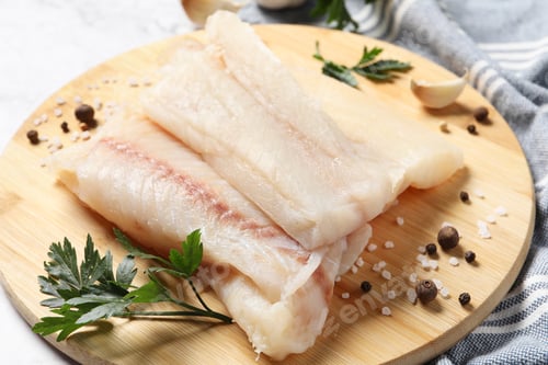 Preview: Pieces of raw cod fish, spices and parsley on table, closeup