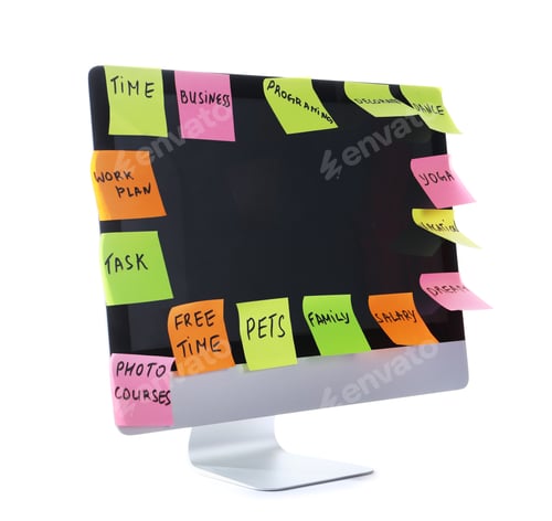 Preview: Computer with colorful reminders isolated on white. Planning and deadline