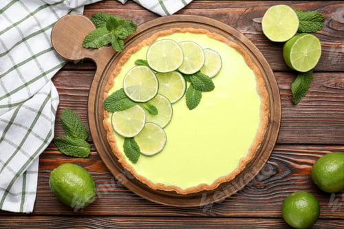 Preview: Tasty lime pie with fruit slices and mint leaves on wooden table, flat lay