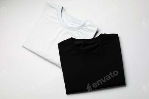 Preview: Blank folded t-shirts on light grey background, top view. Mockup for design