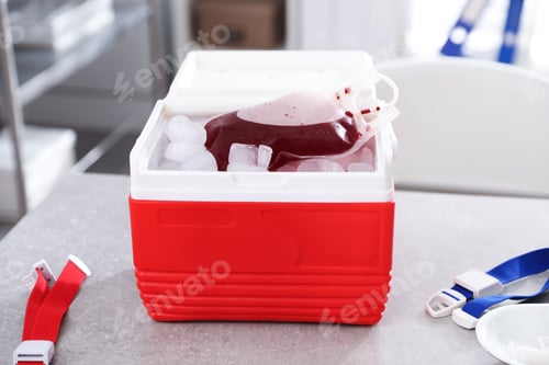 Preview: Cool box with bag of blood and medical tourniquets on grey table in clinic, closeup