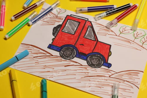 Preview: Child's drawing of car and felt-tip pens on yellow background, closeup