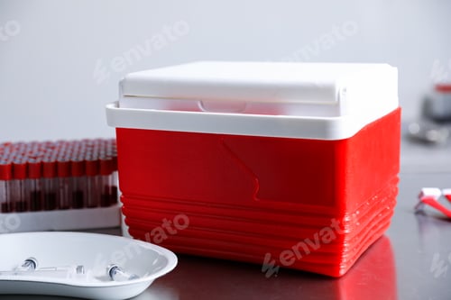 Preview: Cool box with ice cubes, test tubes of blood samples, syringe and vials on table in clinic, closeup