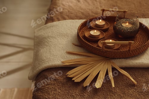 Preview: Wicker basket with burning candles, dry palm leaf and fresh towels on massage table in spa center, c