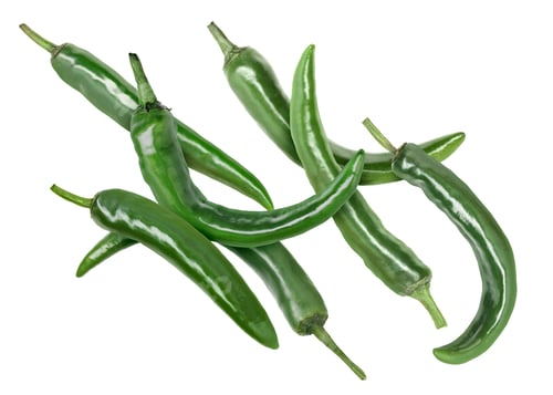 Preview: Green chili peppers flying in air on white background