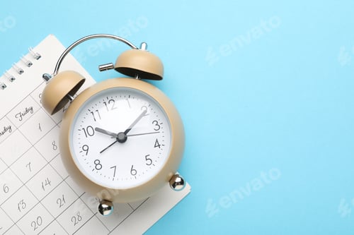 Preview: Reminder. Alarm clock and calendar on light blue background, top view. Space for text