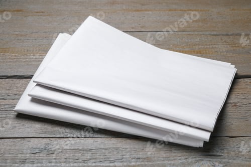 Preview: Newspapers on wooden table, closeup. Mockup for design