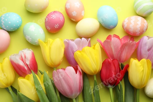 Preview: Painted Easter eggs and beautiful tulips on light green background, flat lay