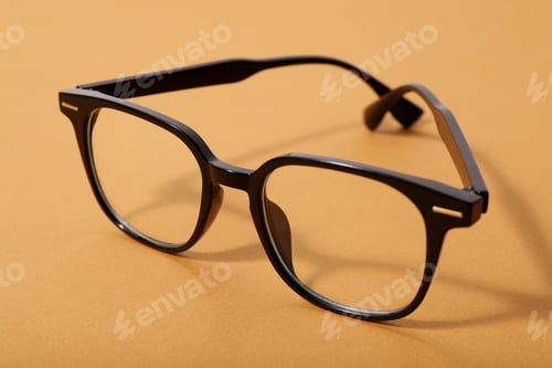 Preview: Pair of eyeglasses on pale orange background, closeup