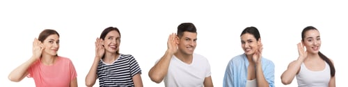 Preview: Hearing health. People holding hands near ears on white background