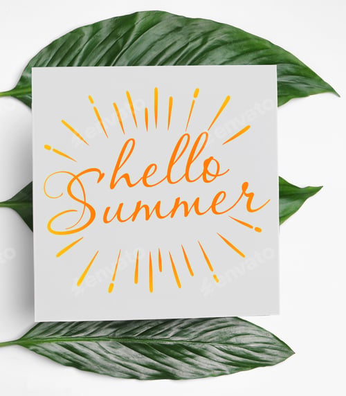 Preview: Hello Summer card and green tropical leaves on white background, top view