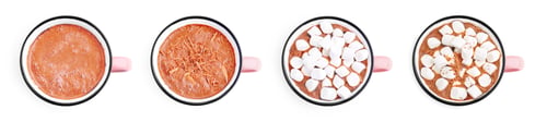 Preview: Tasty hot cocoa with marshmallows and chocolate shavings in cup isolated on white, collection. Top v