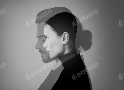 Preview: Silhouettes of man and woman on grey background. Love, bonding, relationships