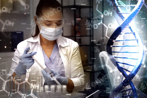 Preview: Scientist working in laboratory, double exposure with DNA helix and molecules. Medical poster for ge