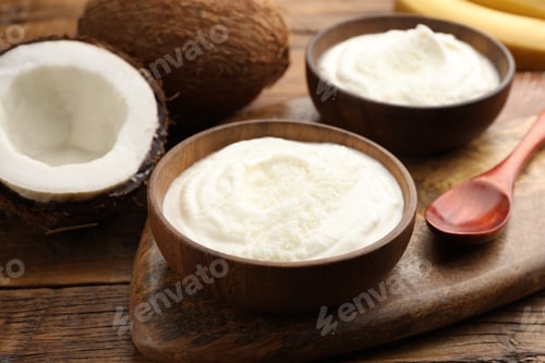 Preview: Tasty coconut yogurt with flakes and nuts on wooden table, closeup