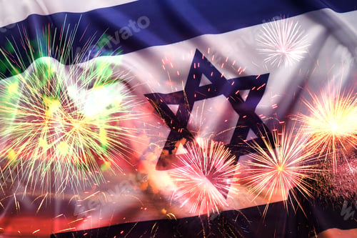 Preview: Flag of Israel and fireworks, double exposure with sunset sky. National holiday celebration
