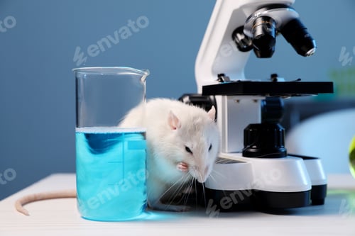 Preview: Cute rat, microscope and beaker with sample on white wooden table in laboratory, closeup