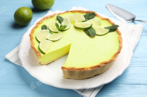 Preview: Delicious lime pie on light blue wooden table, closeup