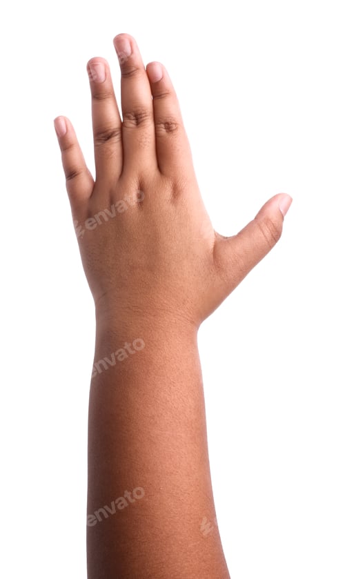 Preview: African-american boy showing palm on white background, closeup