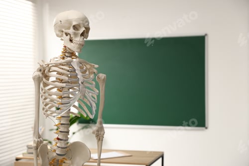 Preview: Human skeleton model in classroom, closeup. Space for text