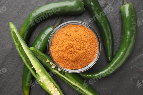 Preview: Powdered and raw chili peppers on black textured table, flat lay