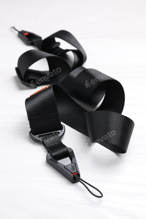 Preview: Modern black camera strap on white wooden table, closeup