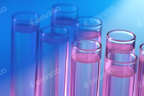 Preview: Many test tubes with liquid samples on light background in color lights, closeup