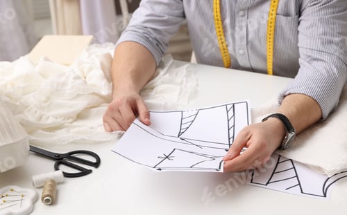 Preview: Dressmaker working with sewing pattern at white table in atelier, closeup