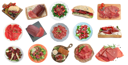 Preview: Bresaola in salads, sandwiches and served as appetizer on white background, set