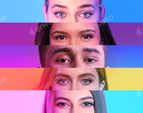 Preview: Women and man in neon lights. Collage with closeup photos of eyes