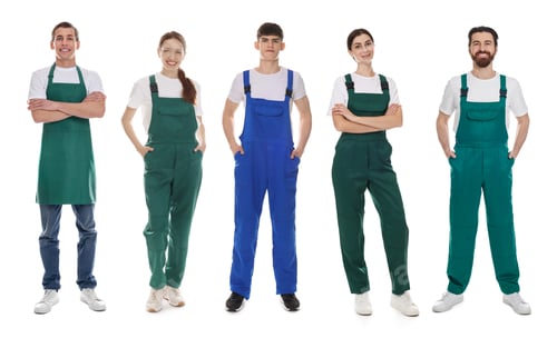 Preview: Cleaning service workers in uniforms. Portraits on white background