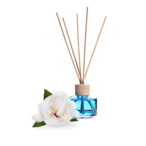 Preview: Aromatic reed freshener and peony flower isolated on white. Floral home fragrance