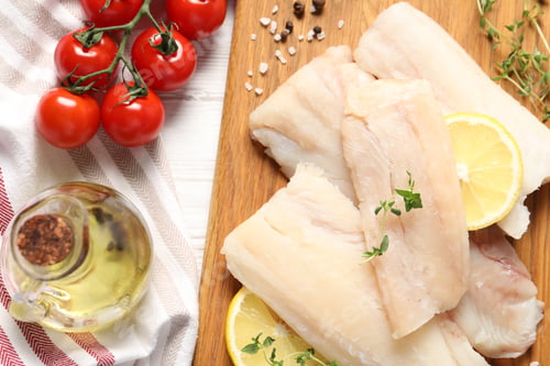 Preview: Pieces of raw cod fish, lemon, tomatoes and oil on white wooden table, top view