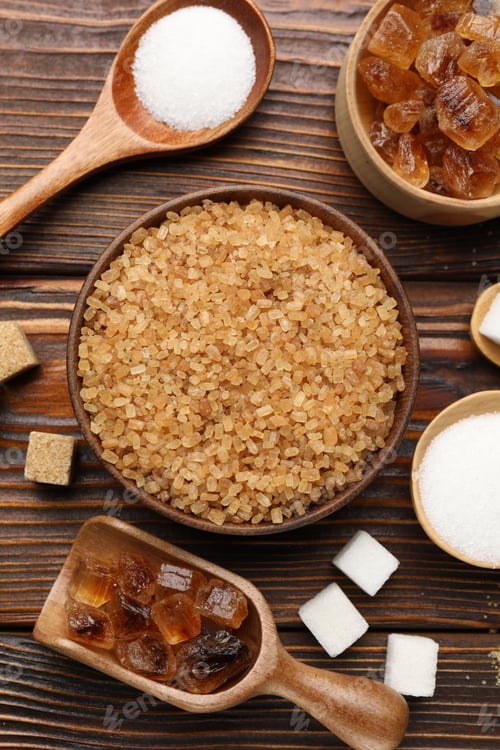 Preview: Different types of sugar on wooden table, flat lay