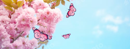 Preview: Springtime. Butterflies flying around pink flowers of blossoming tree against blue sky. Banner desig