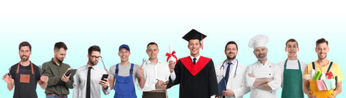 Preview: Career choice. Graduate student and men of various professions on color gradient background