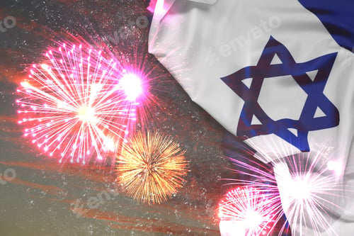Preview: Flag of Israel and fireworks against sunset sky. National holiday celebration