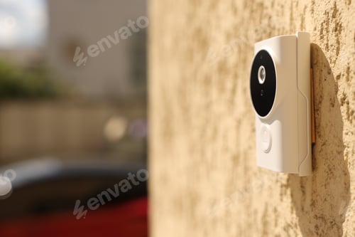 Preview: Modern intercom system on building outdoors, closeup. Space for text