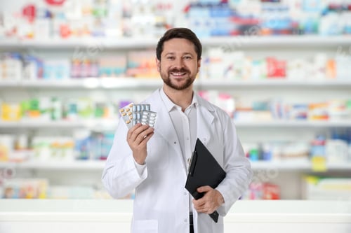 Preview: Pharmacist holding pills and clipboard against shelves with medicaments in drugstore