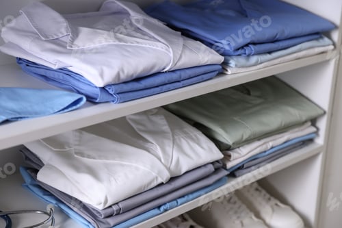 Preview: Different medical workers' uniforms, shoes and stethoscope on shelves indoors, closeup