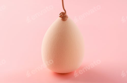 Preview: Applying skin foundation onto makeup sponge against pink background, closeup