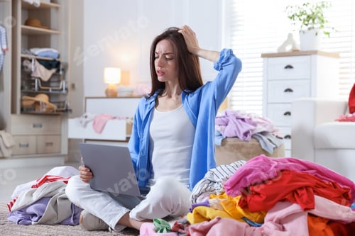 Preview: Woman with laptop surrounded by different messy clothes indoors