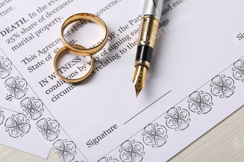 Preview: Marriage contract, gold rings and pen on light wooden table, top view